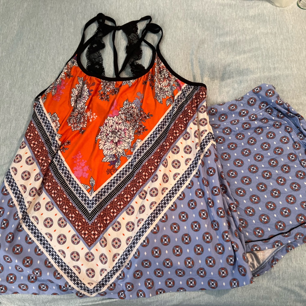 Soma Orange and Blue Floral Pajama Set